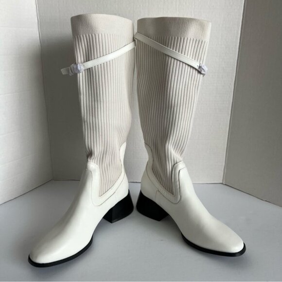 Women Knit Comfort Chunky Heeled High Boots - Off-White. Size: 7.5. (1808) - Picture 6 of 16